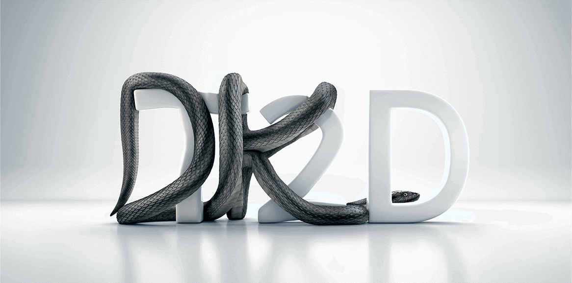 A metallic grey snake squeezing the letters T 2 D. Its body makes the letters look like D K D