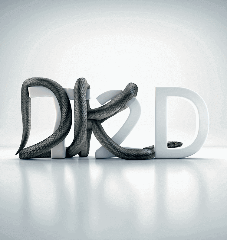 A metallic grey snake squeezing the letters T 2 D. Its body makes the letters look like D K D